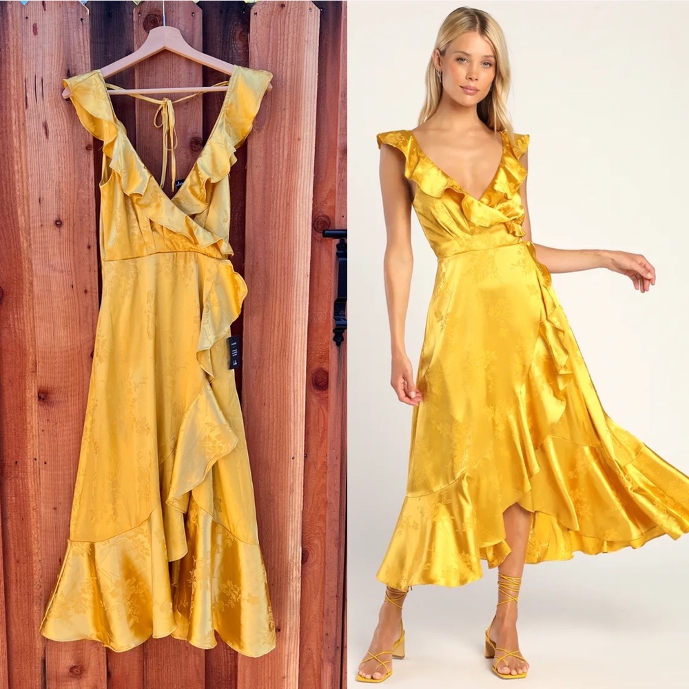 Golden Yellow Satin Floral Jacquard Faux-Wrap Midi Dress 🌿